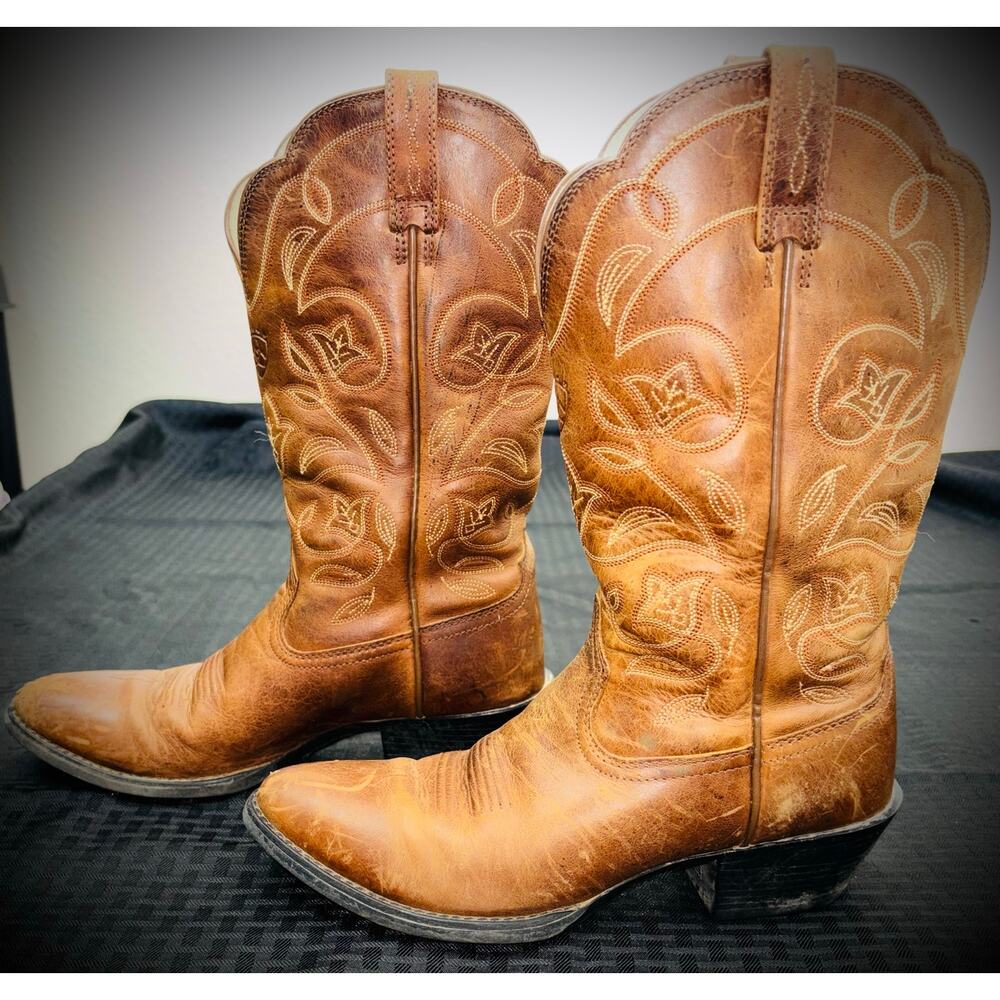 Ariat Heritage Western Boots Brown Embroidered Leather Round Toe, Women's Size 7